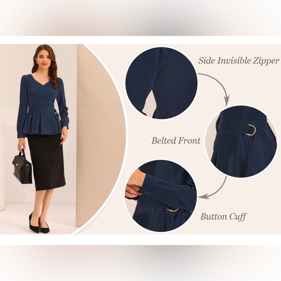 New Long Sleeve V Neck Belted Peplum Blouse - Picture 6 of 8